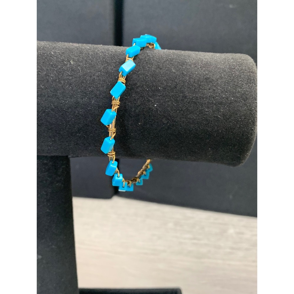 Gold Tone Wire Wrapped Turquoise Bead Bangle Bracelet Boho Geometric‎ 6 Inch